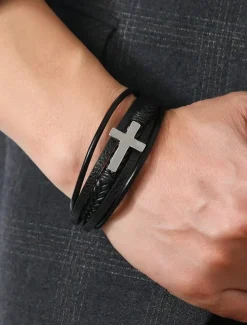 Men's Black Leather Bracelet with Silver Cross – Christian Religious Wristband, Adjustable Magnetic Clasp