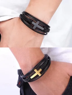 Men's Black Leather Bracelet with Silver Cross – Christian Religious Wristband, Adjustable Magnetic Clasp