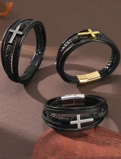 Men's Black Leather Bracelet with Silver Cross – Christian Religious Wristband, Adjustable Magnetic Clasp