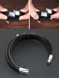 Men's Black Leather Bracelet with Silver Cross – Christian Religious Wristband, Adjustable Magnetic Clasp