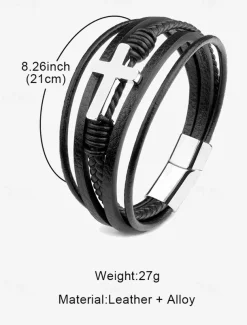 Men's Black Leather Bracelet with Silver Cross – Christian Religious Wristband, Adjustable Magnetic Clasp