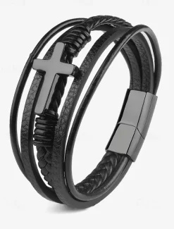 Men's Black Leather Bracelet with Silver Cross – Christian Religious Wristband, Adjustable Magnetic Clasp