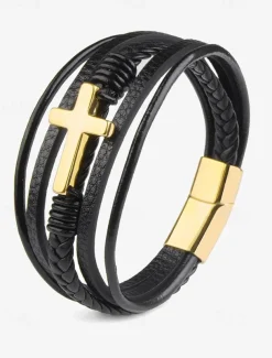 Men's Black Leather Bracelet with Silver Cross – Christian Religious Wristband, Adjustable Magnetic Clasp