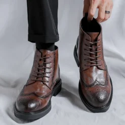 Men's Black Leather Brogue Ankle Boots – Classic Wingtip Lace-Up Dress Boots for Formal and Casual Wear