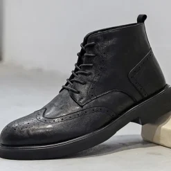 Men's Black Leather Brogue Ankle Boots – Classic Wingtip Lace-Up Dress Boots for Formal and Casual Wear