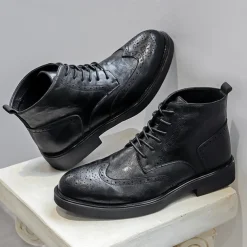 Men's Black Leather Brogue Ankle Boots – Classic Wingtip Lace-Up Dress Boots for Formal and Casual Wear