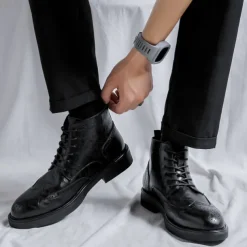 Men's Black Leather Brogue Ankle Boots – Classic Wingtip Lace-Up Dress Boots for Formal and Casual Wear
