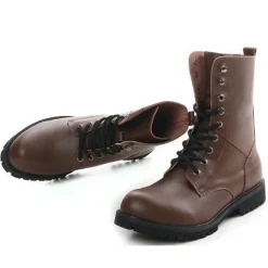 Men's Black Leather Combat Boots with Foldable Collar - Rugged Lace-Up Military Style Ankle Boots for Outdoor Wear