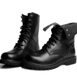 Men's Black Leather Combat Boots with Foldable Collar - Rugged Lace-Up Military Style Ankle Boots for Outdoor Wear