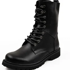 Men's Black Leather Combat Boots with Foldable Collar - Rugged Lace-Up Military Style Ankle Boots for Outdoor Wear