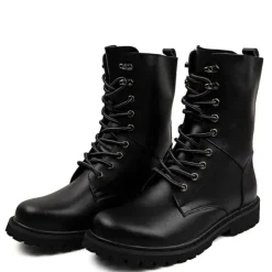 Men's Black Leather Combat Boots with Foldable Collar - Rugged Lace-Up Military Style Ankle Boots for Outdoor Wear
