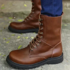 Men's Black Leather Combat Boots with Foldable Collar - Rugged Lace-Up Military Style Ankle Boots for Outdoor Wear