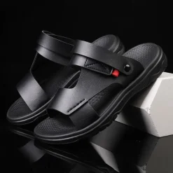 Men's Black Leather Sandals with Adjustable Velcro Strap and Stylish Red Accent, Comfortable for Casual, Outdoor and Summer Wear