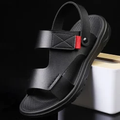 Men's Black Leather Sandals with Adjustable Velcro Strap and Stylish Red Accent, Comfortable for Casual, Outdoor and Summer Wear
