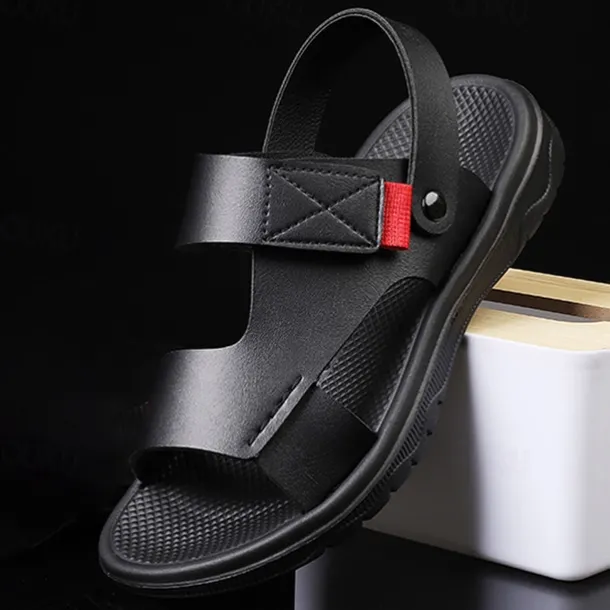 Men's Black Leather Sandals with Adjustable Velcro Strap and Stylish Red Accent, Comfortable for Casual, Outdoor and Summer Wear