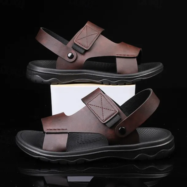 Men's Black Leather Sandals with Adjustable Velcro Strap and Stylish Red Accent, Comfortable for Casual, Outdoor and Summer Wear