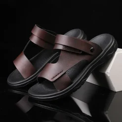 Men's Black Leather Sandals with Adjustable Velcro Strap and Stylish Red Accent, Comfortable for Casual, Outdoor and Summer Wear
