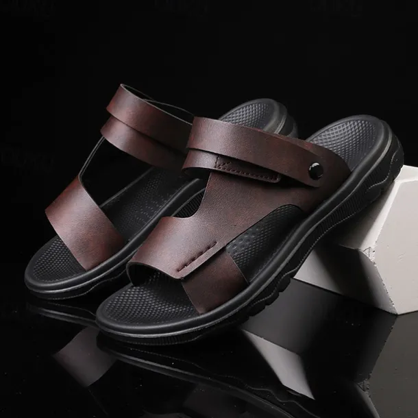 Men's Black Leather Sandals with Adjustable Velcro Strap and Stylish Red Accent, Comfortable for Casual, Outdoor and Summer Wear