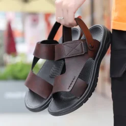 Men's Black Leather Sandals with Adjustable Velcro Strap and Stylish Red Accent, Comfortable for Casual, Outdoor and Summer Wear