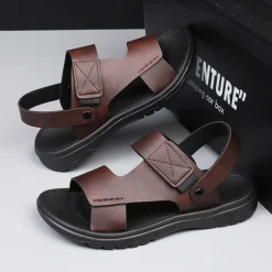 Men's Black Leather Sandals with Adjustable Velcro Strap and Stylish Red Accent, Comfortable for Casual, Outdoor and Summer Wear