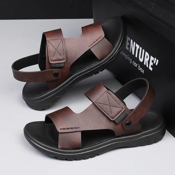 Men's Black Leather Sandals with Adjustable Velcro Strap and Stylish Red Accent, Comfortable for Casual, Outdoor and Summer Wear