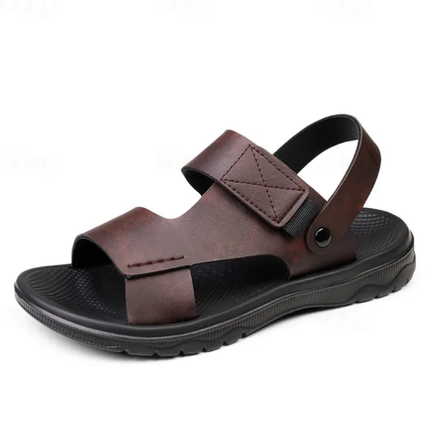 Men's Black Leather Sandals with Adjustable Velcro Strap and Stylish Red Accent, Comfortable for Casual, Outdoor and Summer Wear