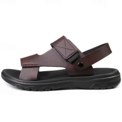 Men's Black Leather Sandals with Adjustable Velcro Strap and Stylish Red Accent, Comfortable for Casual, Outdoor and Summer Wear