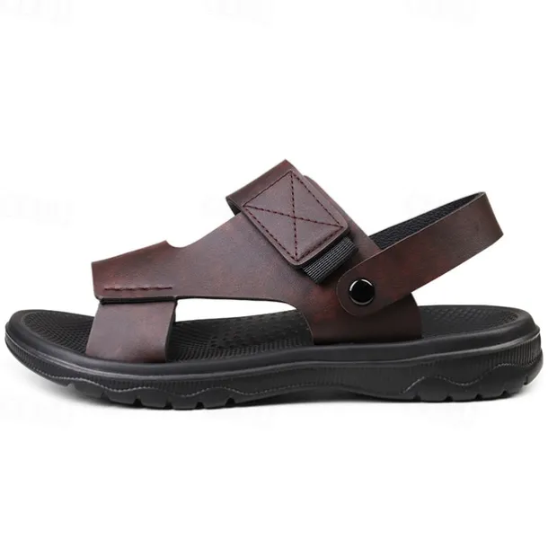 Men's Black Leather Sandals with Adjustable Velcro Strap and Stylish Red Accent, Comfortable for Casual, Outdoor and Summer Wear