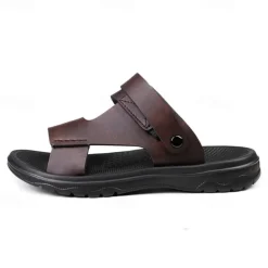 Men's Black Leather Sandals with Adjustable Velcro Strap and Stylish Red Accent, Comfortable for Casual, Outdoor and Summer Wear
