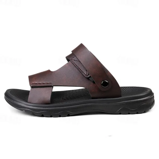 Men's Black Leather Sandals with Adjustable Velcro Strap and Stylish Red Accent, Comfortable for Casual, Outdoor and Summer Wear