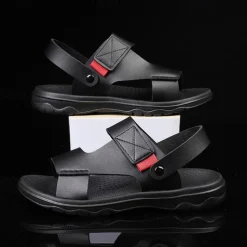 Men's Black Leather Sandals with Adjustable Velcro Strap and Stylish Red Accent, Comfortable for Casual, Outdoor and Summer Wear
