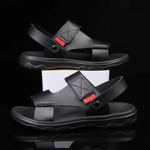 Men's Black Leather Sandals with Adjustable Velcro Strap and Stylish Red Accent, Comfortable for Casual, Outdoor and Summer Wear