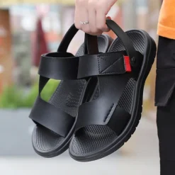 Men's Black Leather Sandals with Adjustable Velcro Strap and Stylish Red Accent, Comfortable for Casual, Outdoor and Summer Wear