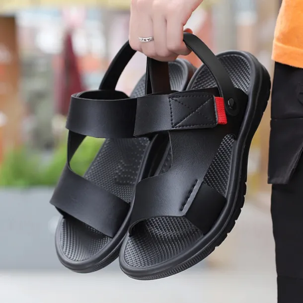 Men's Black Leather Sandals with Adjustable Velcro Strap and Stylish Red Accent, Comfortable for Casual, Outdoor and Summer Wear