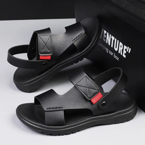 Men's Black Leather Sandals with Adjustable Velcro Strap and Stylish Red Accent, Comfortable for Casual, Outdoor and Summer Wear