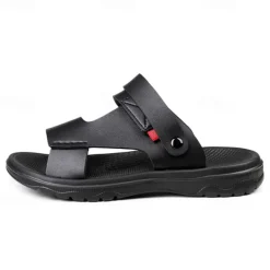 Men's Black Leather Sandals with Adjustable Velcro Strap and Stylish Red Accent, Comfortable for Casual, Outdoor and Summer Wear