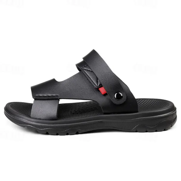 Men's Black Leather Sandals with Adjustable Velcro Strap and Stylish Red Accent, Comfortable for Casual, Outdoor and Summer Wear