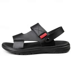 Men's Black Leather Sandals with Adjustable Velcro Strap and Stylish Red Accent, Comfortable for Casual, Outdoor and Summer Wear