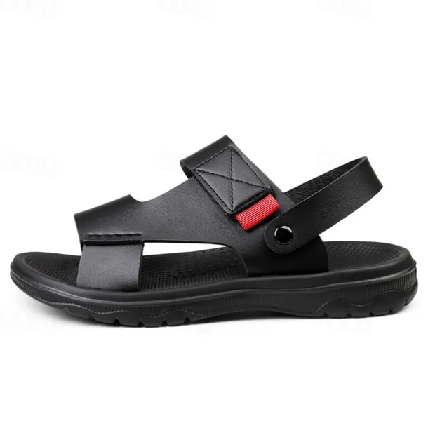 Men's Black Leather Sandals with Adjustable Velcro Strap and Stylish Red Accent, Comfortable for Casual, Outdoor and Summer Wear