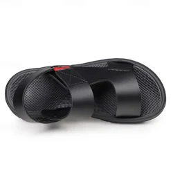 Men's Black Leather Sandals with Adjustable Velcro Strap and Stylish Red Accent, Comfortable for Casual, Outdoor and Summer Wear