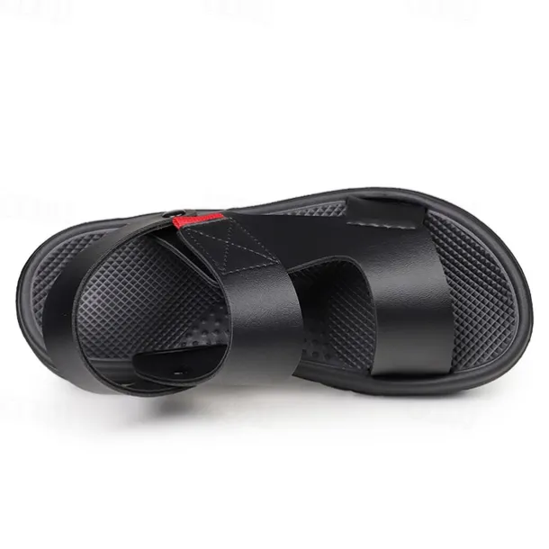 Men's Black Leather Sandals with Adjustable Velcro Strap and Stylish Red Accent, Comfortable for Casual, Outdoor and Summer Wear
