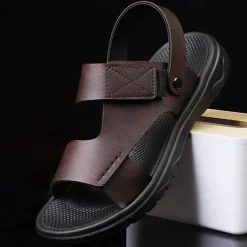 Men's Black Leather Sandals with Adjustable Velcro Strap and Stylish Red Accent, Comfortable for Casual, Outdoor and Summer Wear