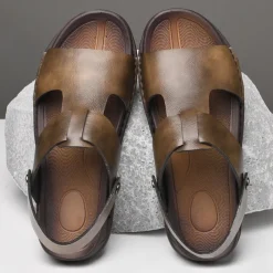 Men's Black Leather Sandals with Adjustable Strap, Stylish Cross-Design for Casual, Outdoor and Summer Wear