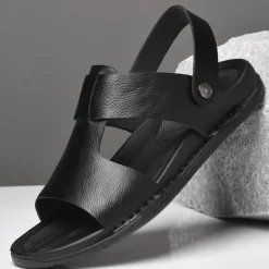 Men's Black Leather Sandals with Adjustable Strap, Stylish Cross-Design for Casual, Outdoor and Summer Wear