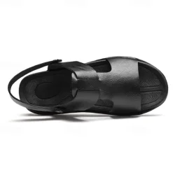 Men's Black Leather Sandals with Adjustable Strap, Stylish Cross-Design for Casual, Outdoor and Summer Wear