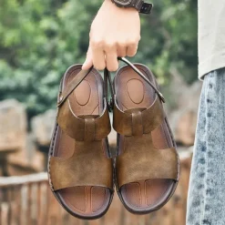 Men's Black Leather Sandals with Adjustable Strap, Stylish Cross-Design for Casual, Outdoor and Summer Wear