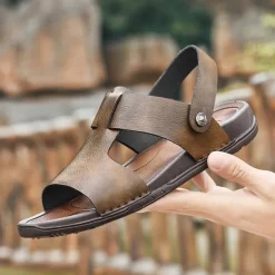 Men's Black Leather Sandals with Adjustable Strap, Stylish Cross-Design for Casual, Outdoor and Summer Wear