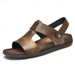 Men's Black Leather Sandals with Adjustable Strap, Stylish Cross-Design for Casual, Outdoor and Summer Wear
