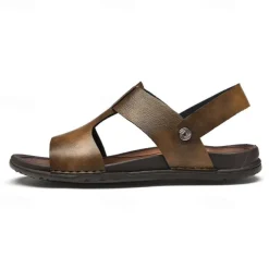 Men's Black Leather Sandals with Adjustable Strap, Stylish Cross-Design for Casual, Outdoor and Summer Wear