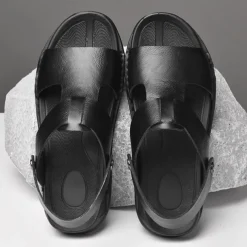 Men's Black Leather Sandals with Adjustable Strap, Stylish Cross-Design for Casual, Outdoor and Summer Wear